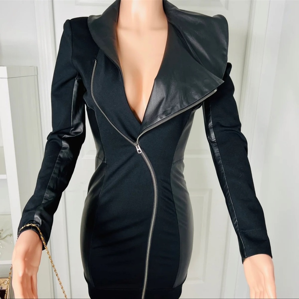 L.A.M.B Black Long Sleeve Leather trim Pencil Dress Sz XS Designer Gwen Stefani